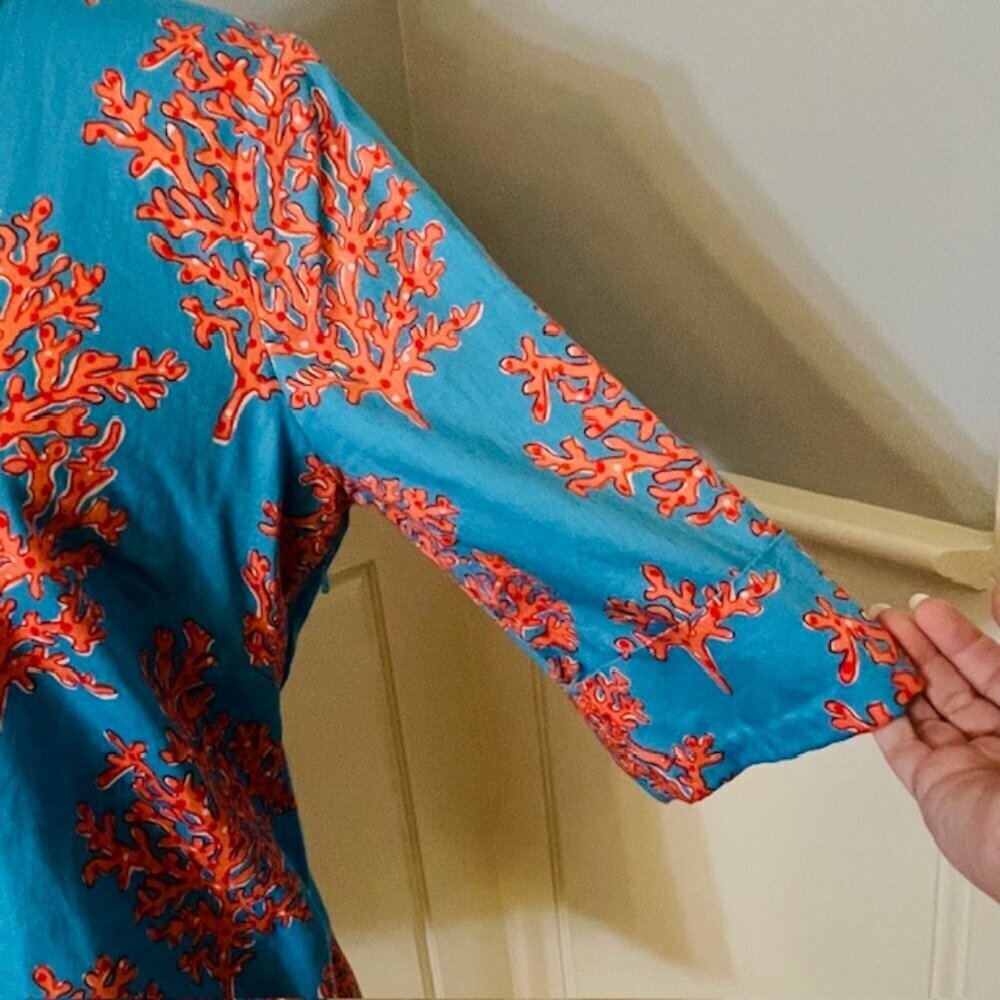 Lilly Pulitzer 100% Cotton Top Blouse Resortwear Turquoise Coral Siesta Medium - Picture 3 of 9
